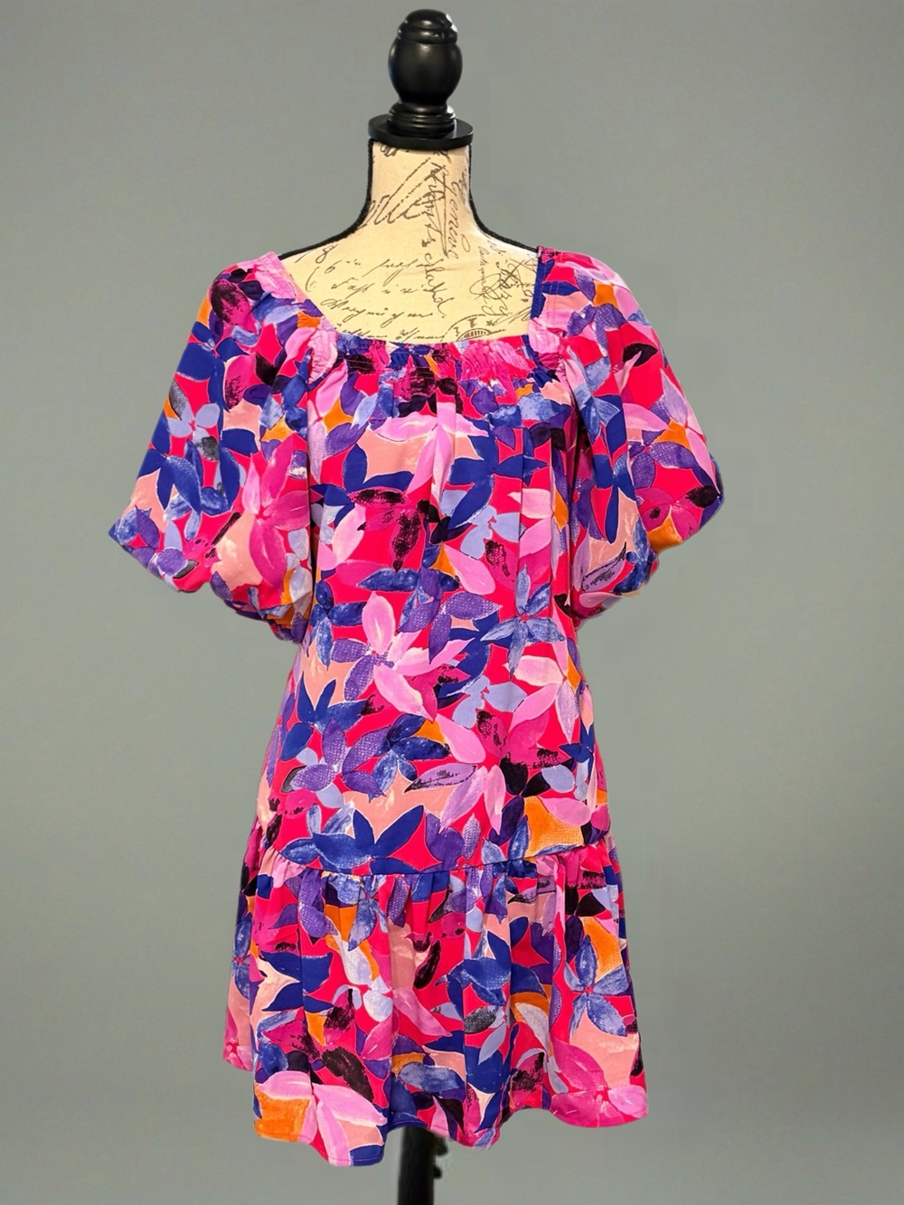 Entro Vibrant Floral Puff Sleeve Babydoll Mini Dress - NWT - Size M Dopamine